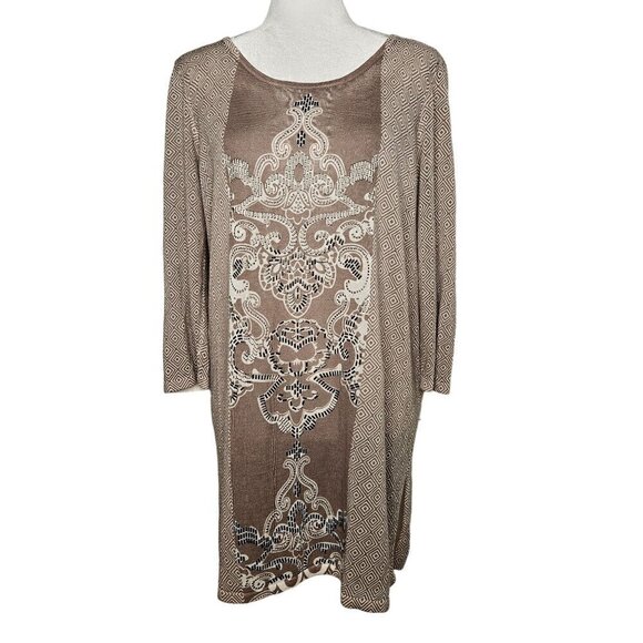 Chico's Tan 3/4 Tan Geometric Embellished Sweater Tunic Top Dress Size 2 Large - Picture 1 of 10